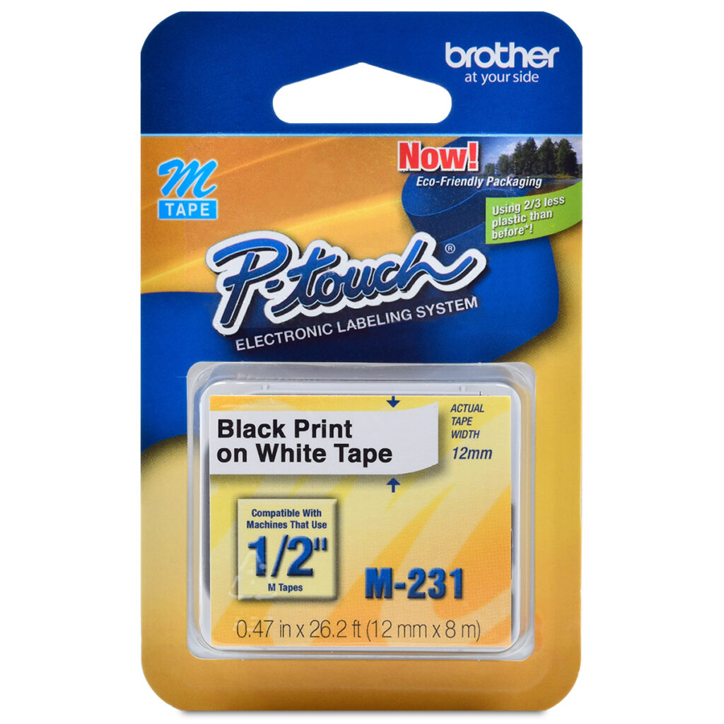Cinta Brother M-231 | Negro sobre Blanco 12mm (1/2″) x 8 mts.