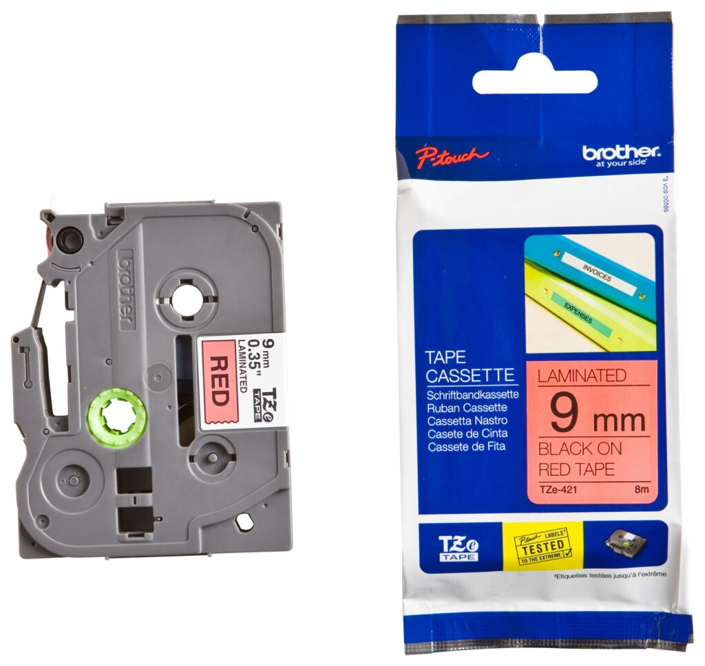 Cinta Brother TZE-421 Negro sobre Rojo 9mm (3/8″) x 8 mts